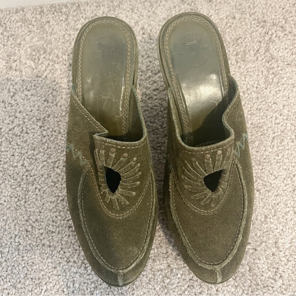 Frye Suede Clog Womens Green Sz 6 Ingrid Apron Leather Block High Heel Slip On - Picture 5 of 10